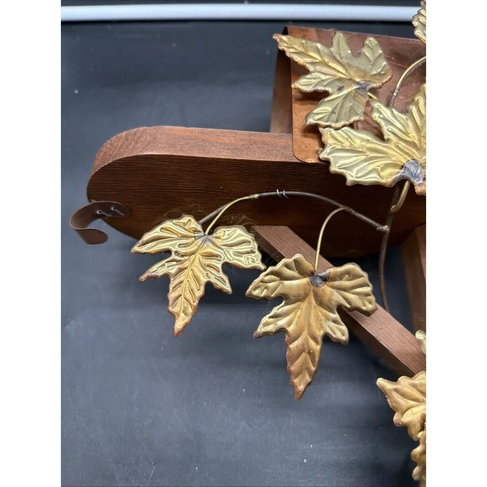 Vintage HOMCO Home Interiors Copper & Wood Mailbox Shelf With Brass Leaves